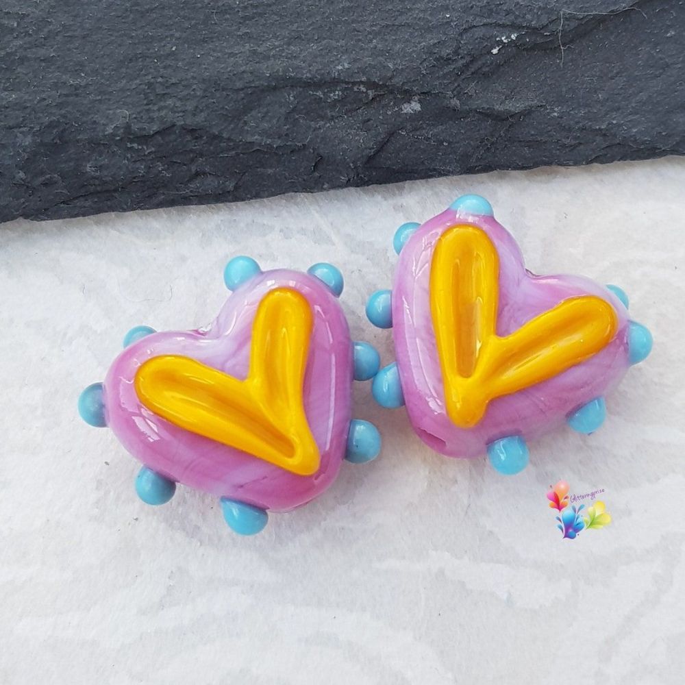 Hippy Happy Funky Hot Pink  Heart Glass Lampwork Beads