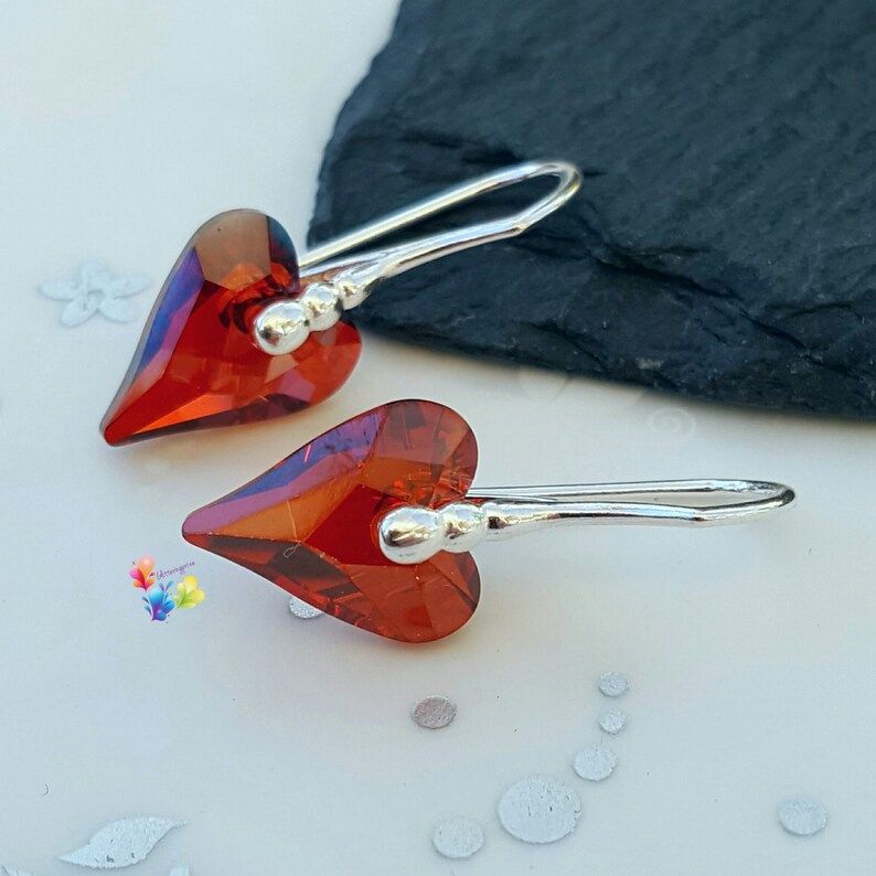 Red Magma Premium Crystal Wild Heart Earrings Sterling Silver