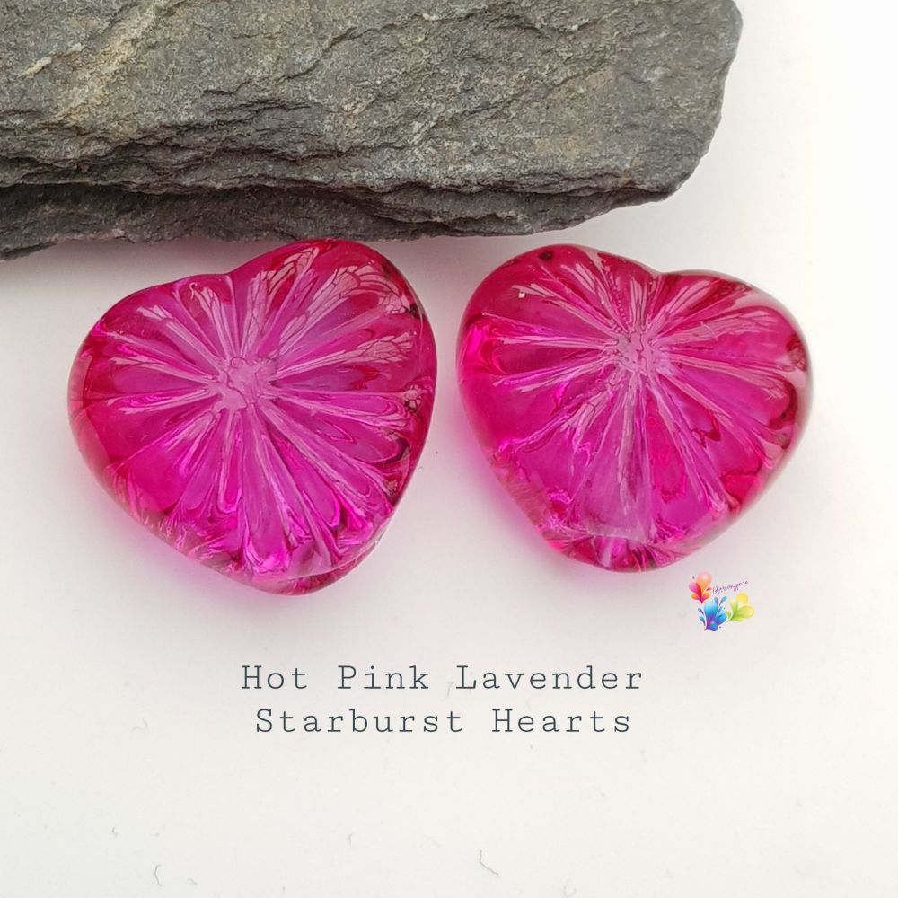 Hot Pink Lavender Starburst Facet Heart Lampwork Bead Pair