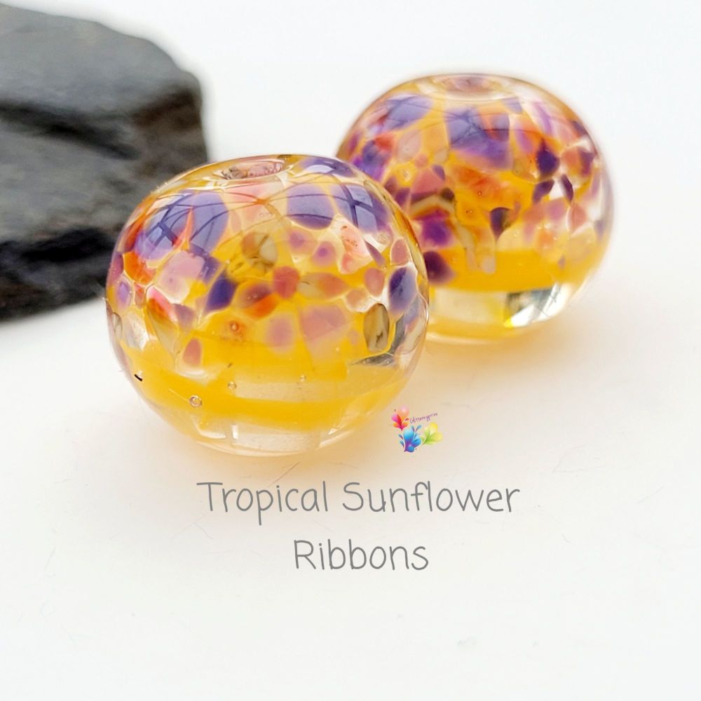 Tropical Sunflower Ribbon Glass Lampwork Beads