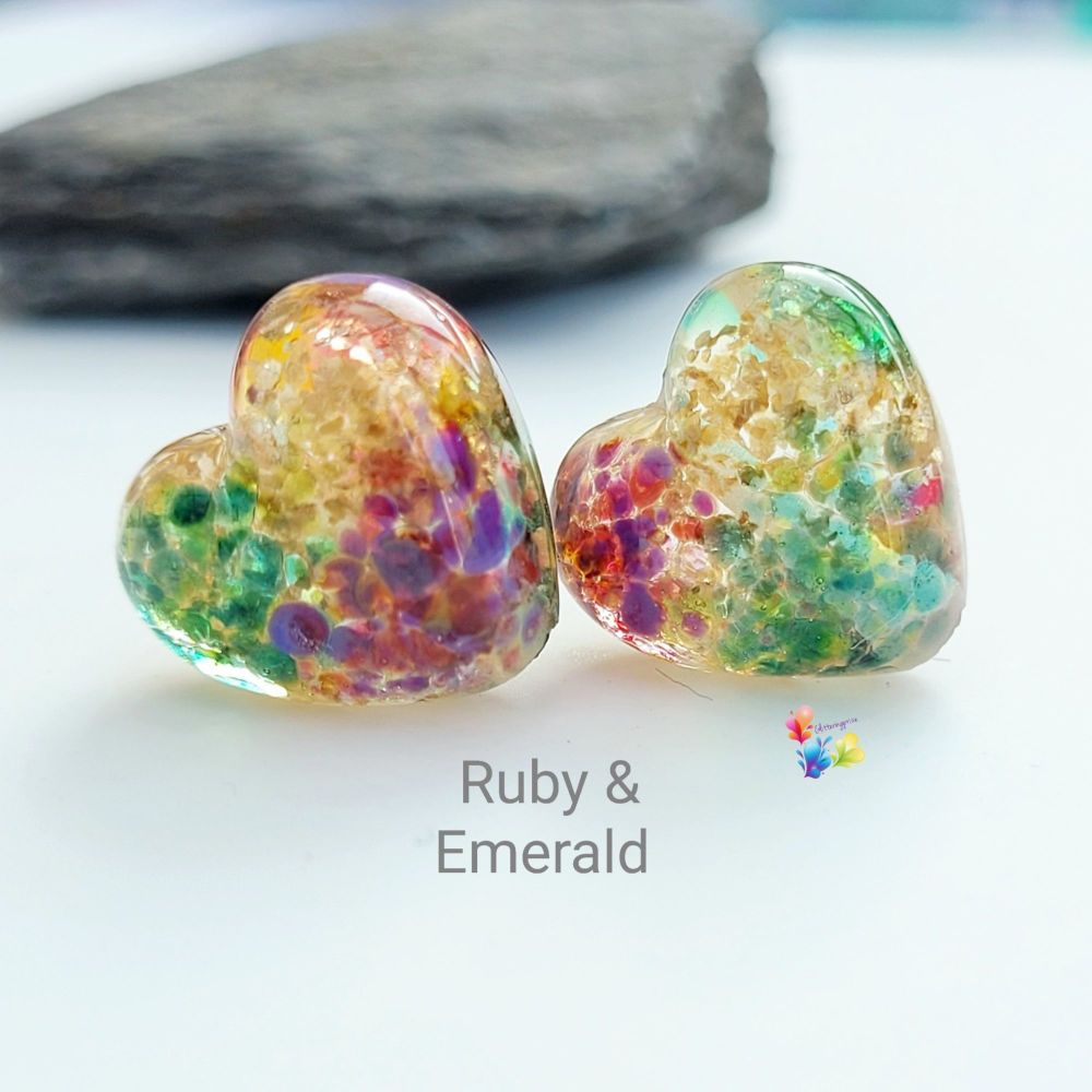 Ruby & Emerald Glitter Heart Pair