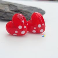 Strawberry Red Fan Polka Heart Lampwork Beads