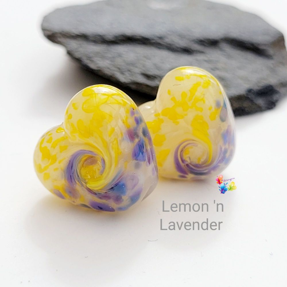 Lemon & Lavender 50/50 Twist Heart Lampwork Bead Pair 