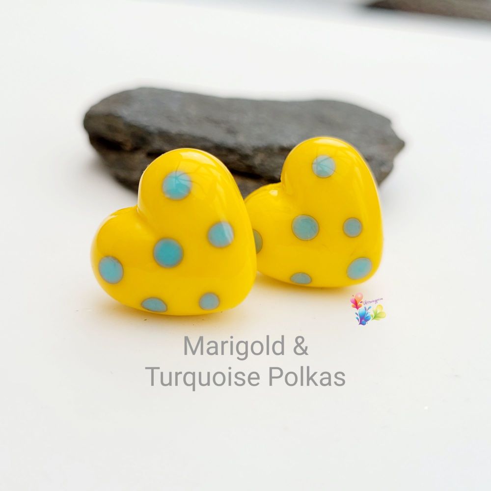 Marigold & Turquoise  Polka Heart Glass Lampwork Beads
