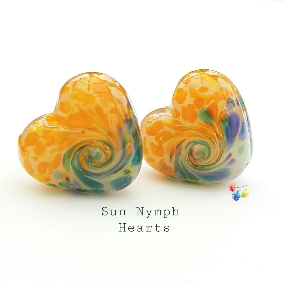 Sun & Nymph  50/50 Twist Heart Lampwork Bead Pair