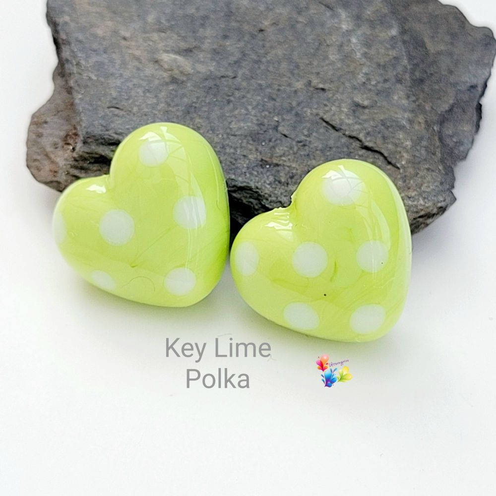 Key Lime Pie Polka Heart Lampwork Bead Pair 
