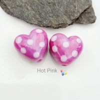 Hot Pink Polka Heart Lampwork Bead Pair 