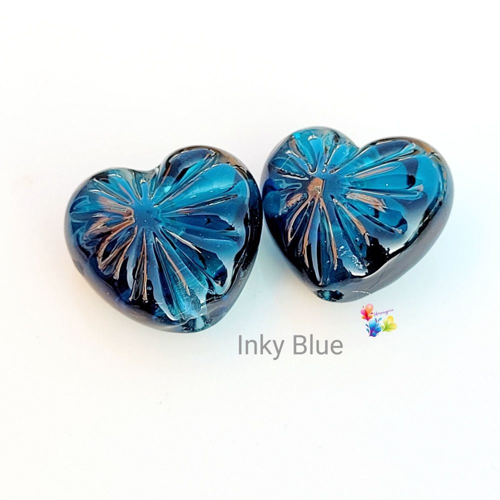 Inky Blue Starburst Facet Heart Lampwork Bead Pair