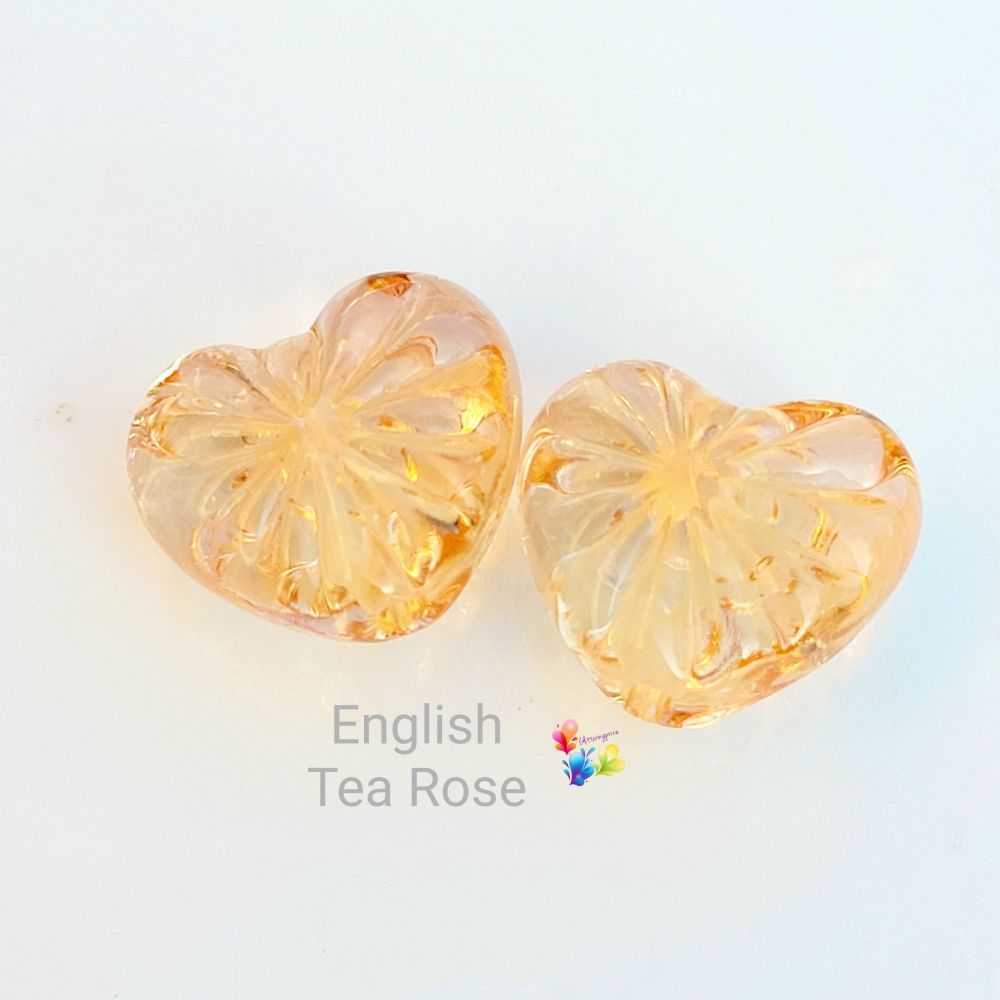English Tea Rose Starburst Facet Heart Lampwork Bead Pair