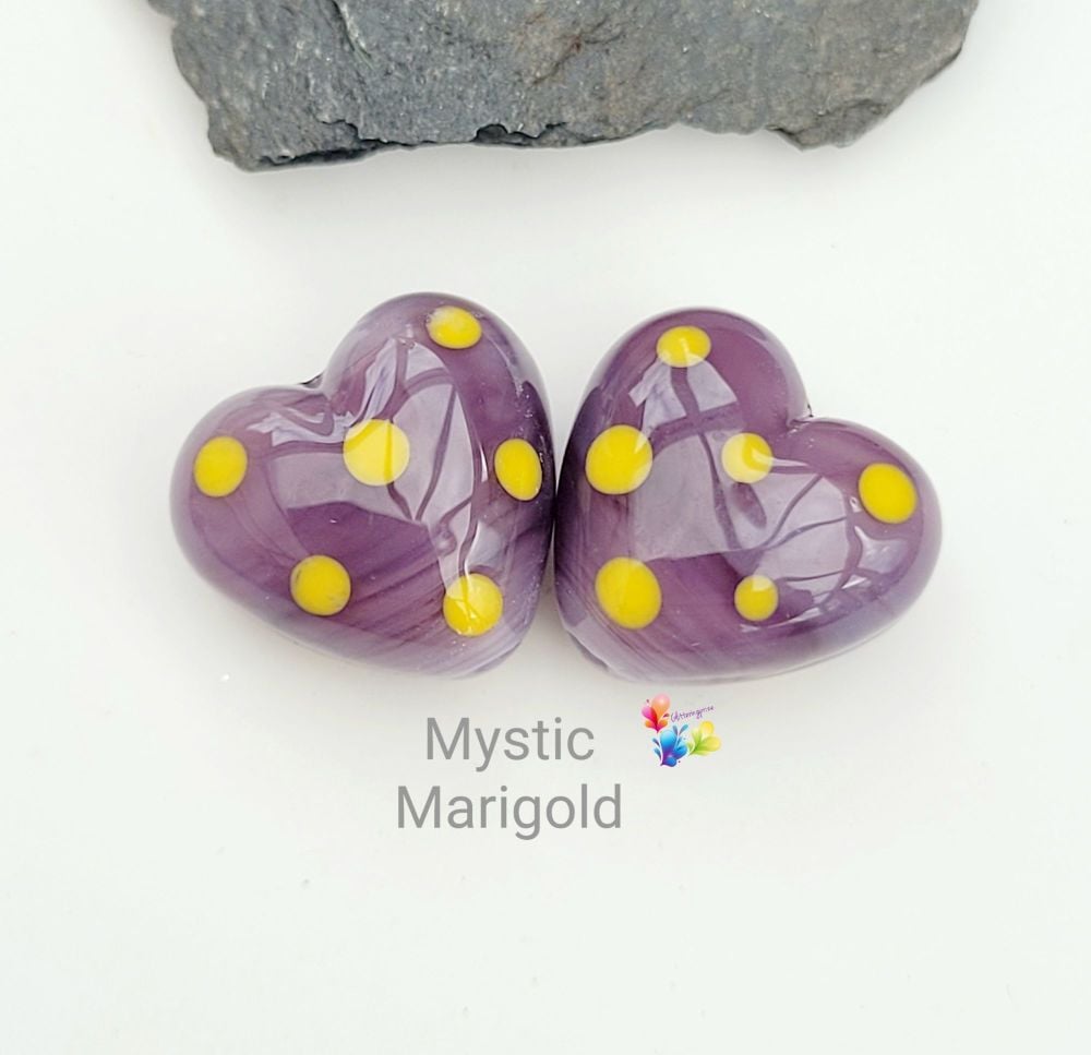 Mystic Marigold Polka Heart Glass Lampwork Beads