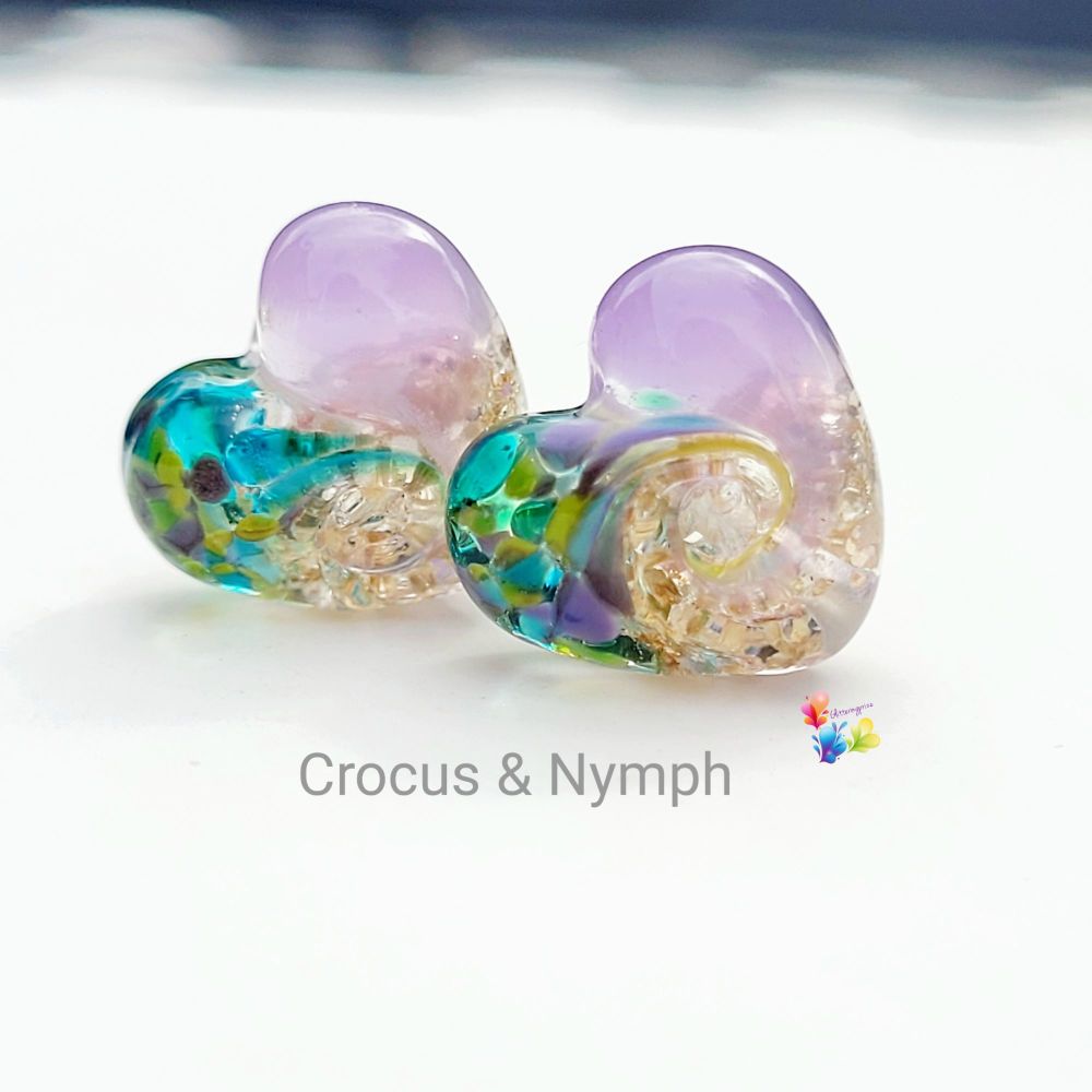 Crocus & Nymph Patchwork Glass Heart Pair
