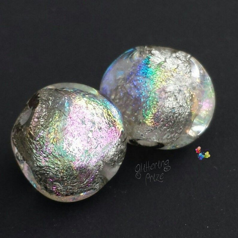 Silver Rainbow Ice Naked Nugget Dichroic Lampwork Bead Pair