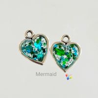 Mermaid Resin Heart Charm Pair Silver