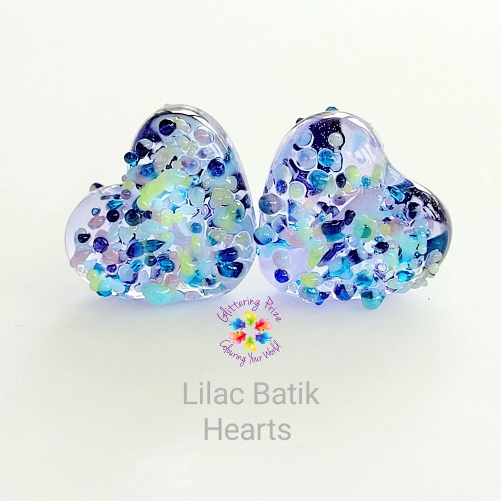Lilac BatikTextured  Heart Lampwork Bead Pair