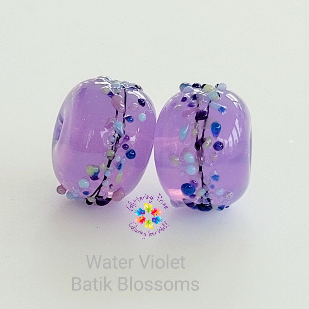Water Violet Batik Blossom Lampwork Bead Pair