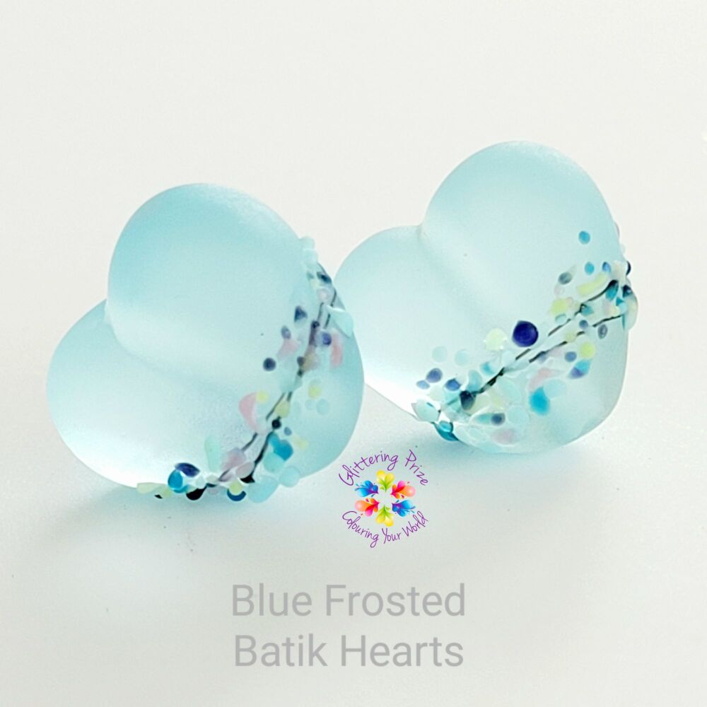 Blue Batik Frosted Heart Lampwork Bead Pair