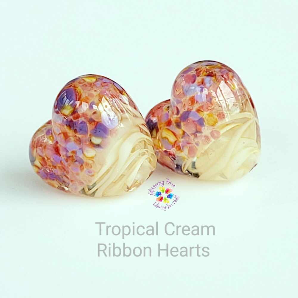 Cream Ribbon Fantasy Heart Lampwork Bead Pair
