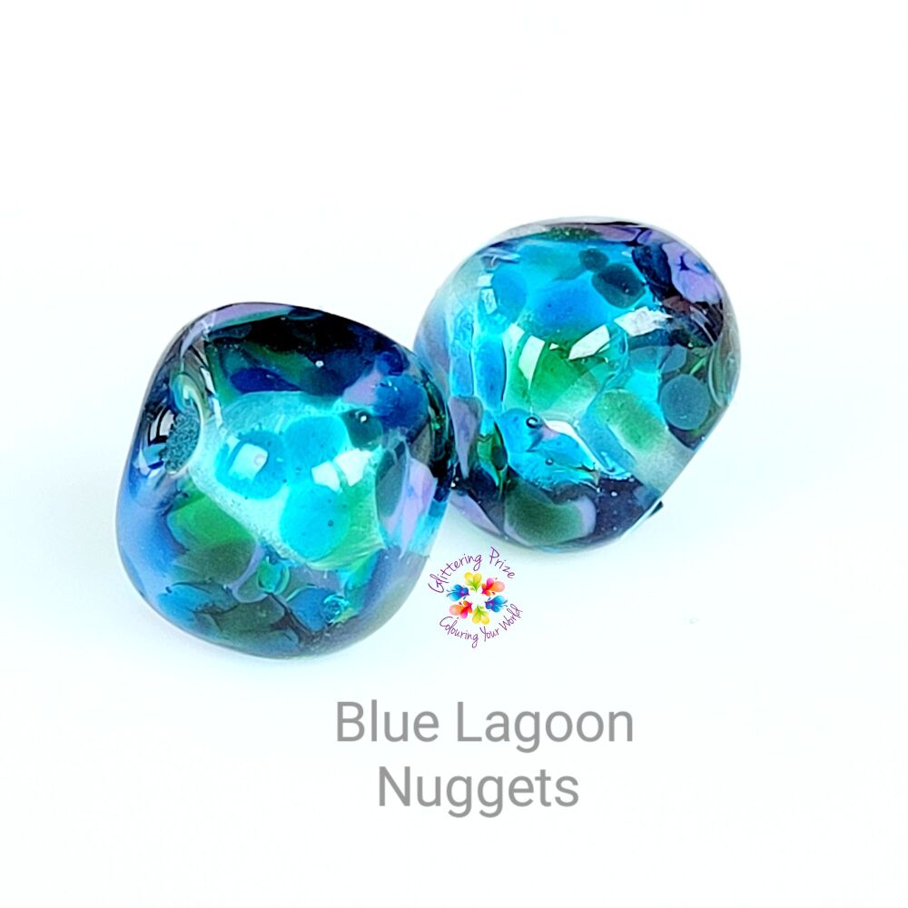 Blue lagoon Nugget Lampwork Bead Pair
