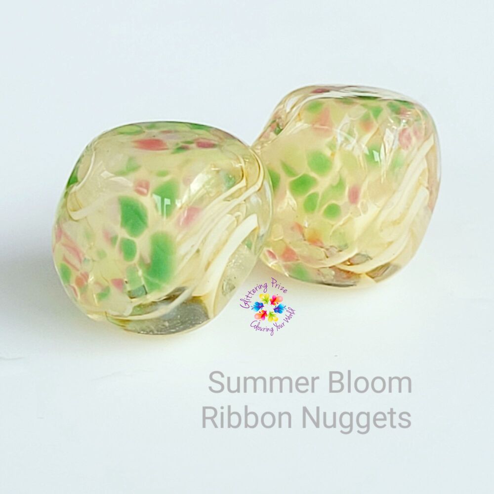 Summer Bloom Ribbon  Nugget Lampwork Bead Pair