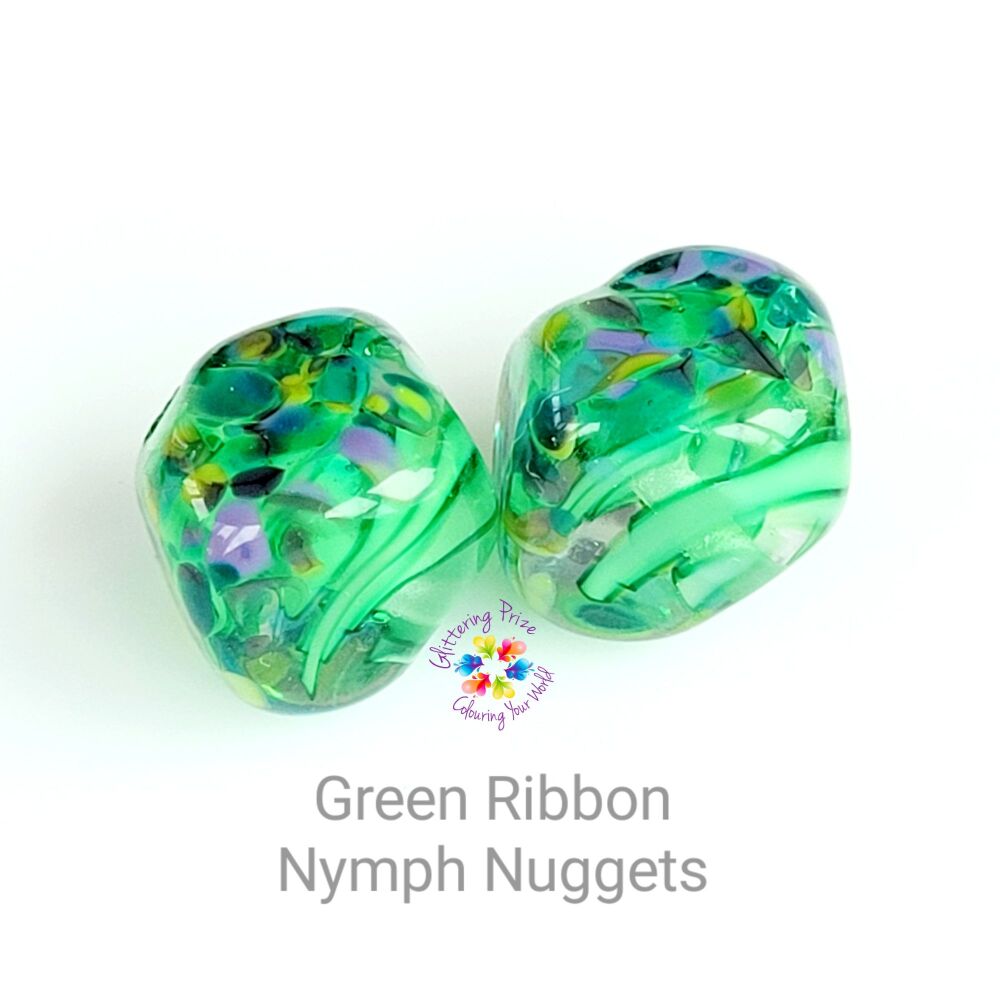 Green Ribbon Nymph Nugget Lampwork Bead Pair