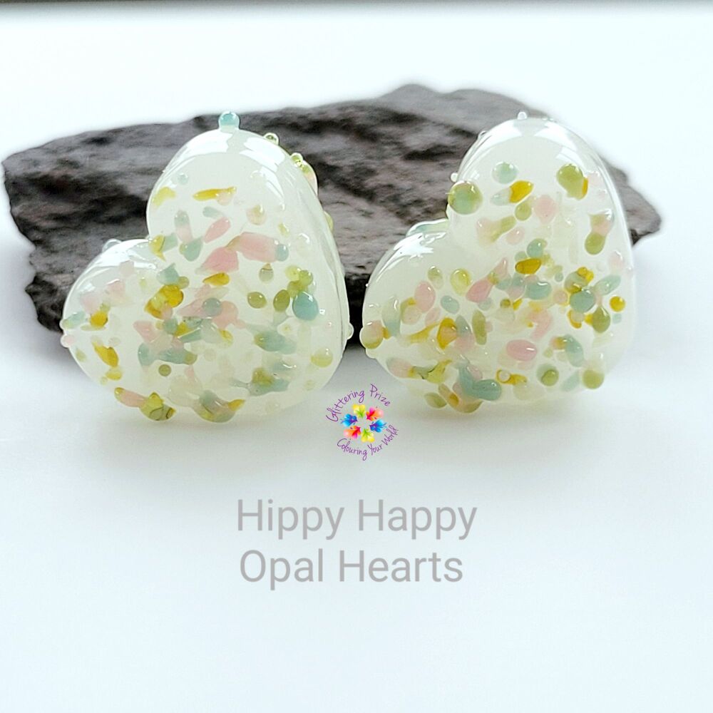 Hippy Happy Opal Textured  Heart Lampwork Bead Pair