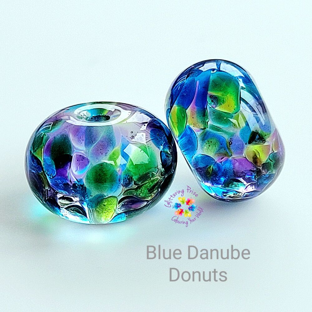 Blue Danube  Donut Lampwork Bead Pair