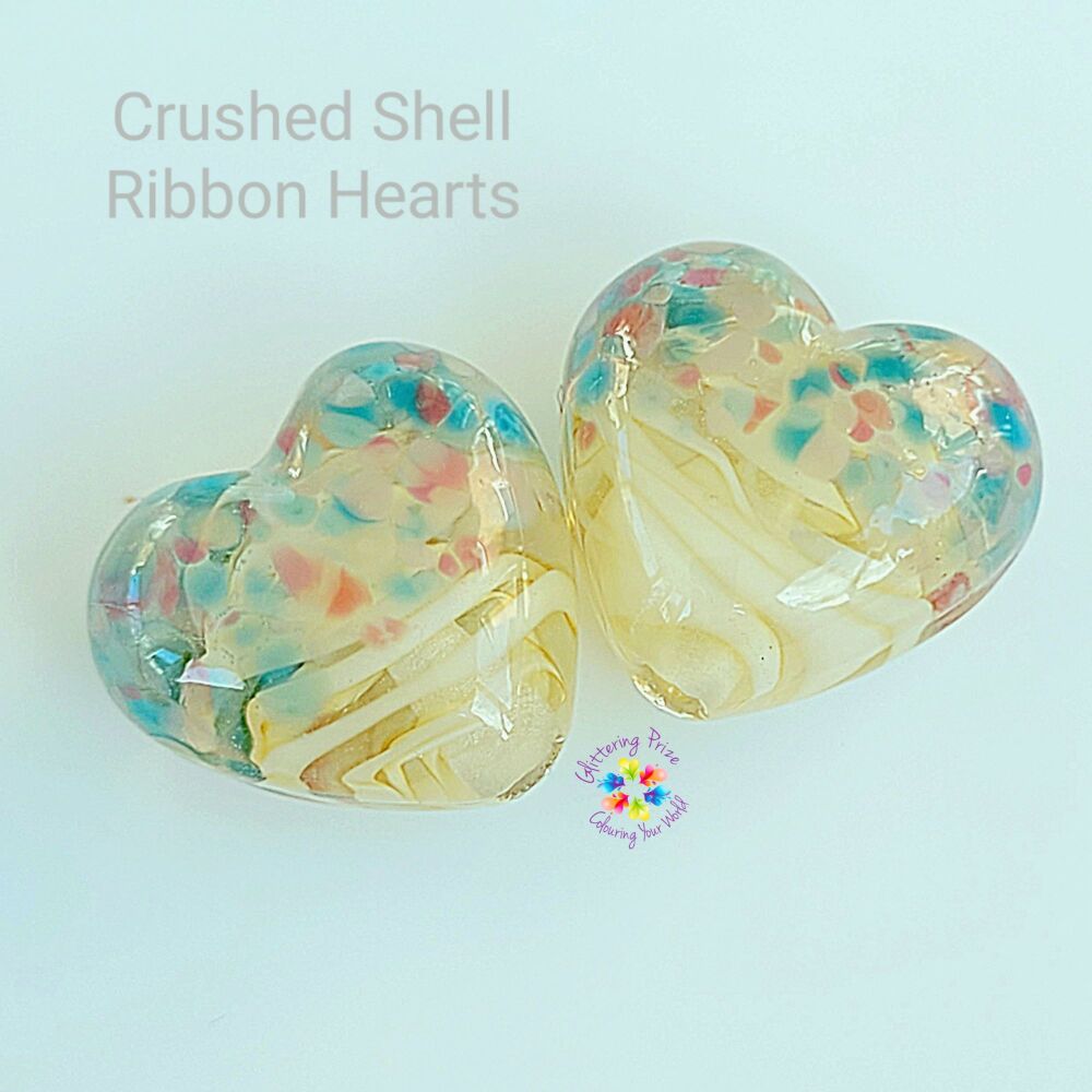Crushed Shell Ribbon Heart Lampwork Bead Pair