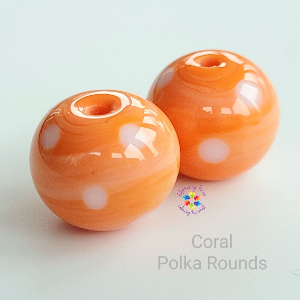Coral Polka Dot Round Lampwork Bead Pair