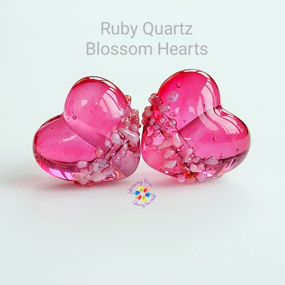 Ruby Quartz Blossom Heart Lampwork Bead Pair