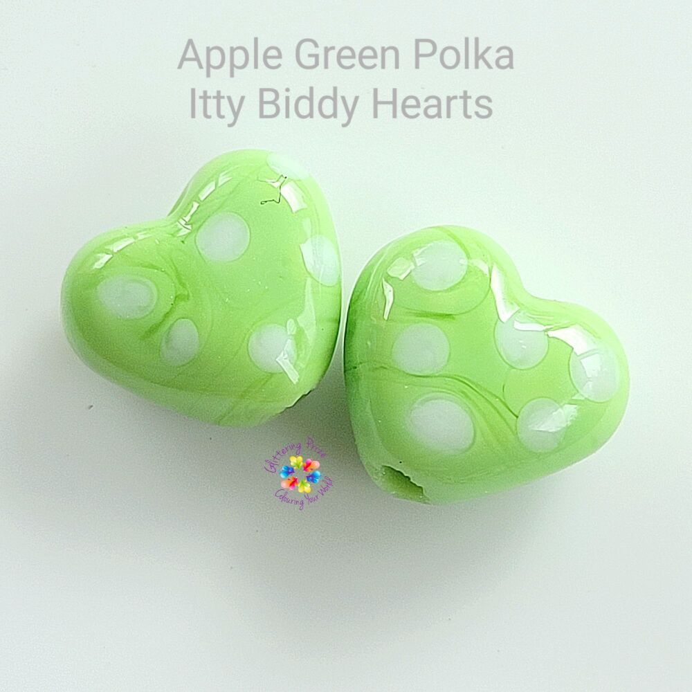 Apple Green Polka Itty Biddy Hearts Lampwork Bead Pair