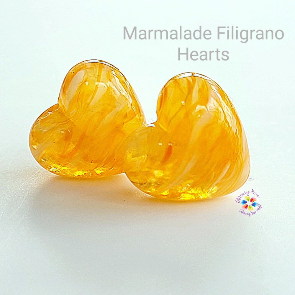 Marmalade Filigrano Orange Heart Lampwork Bead Pair