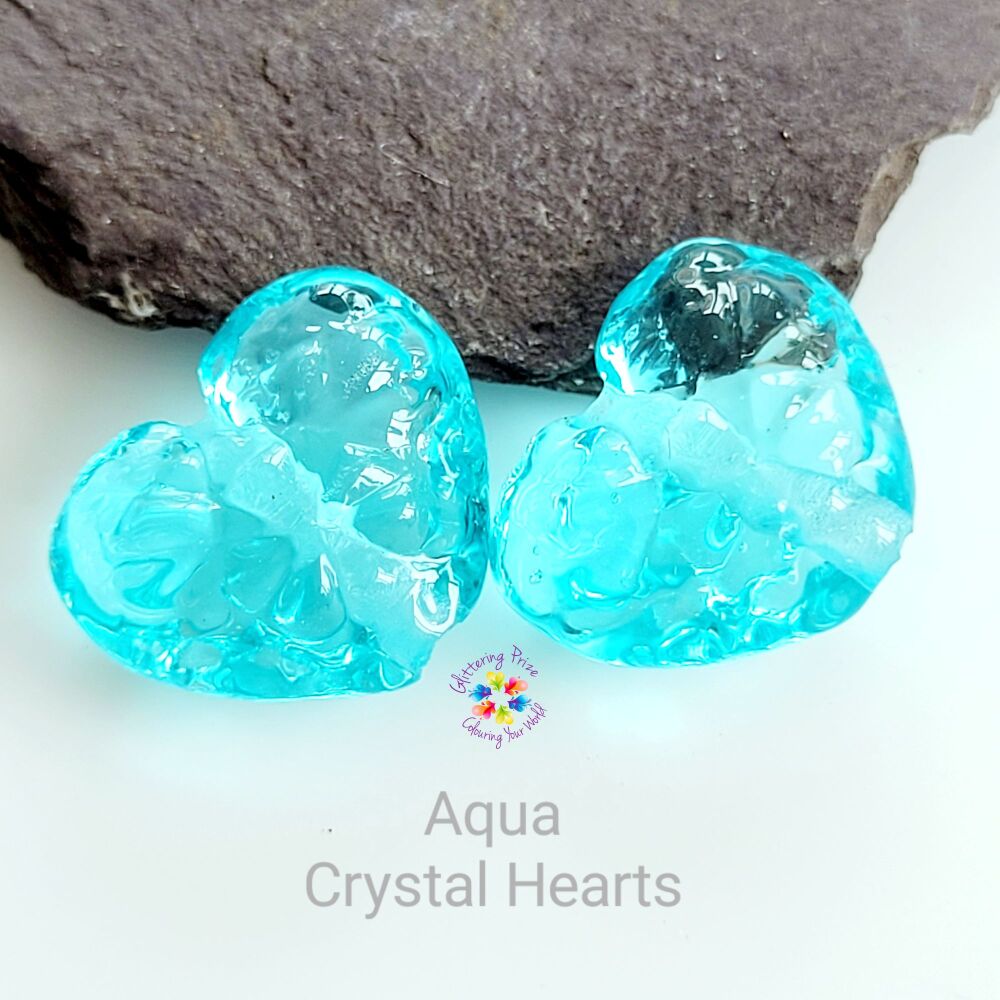 Aqua Crystal Heart  Pair Glass Lampwork Beads