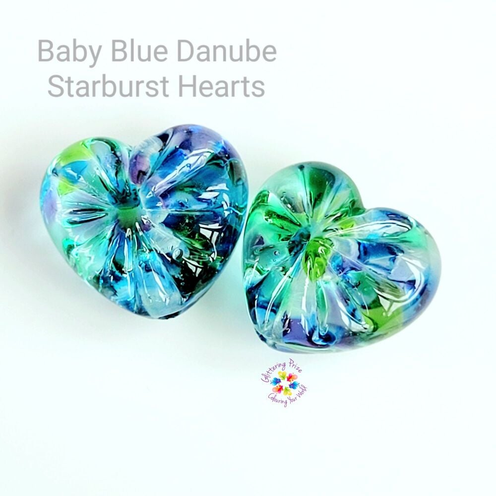 Baby Blue Danube Starburst Hearts Lampwork Bead Pair