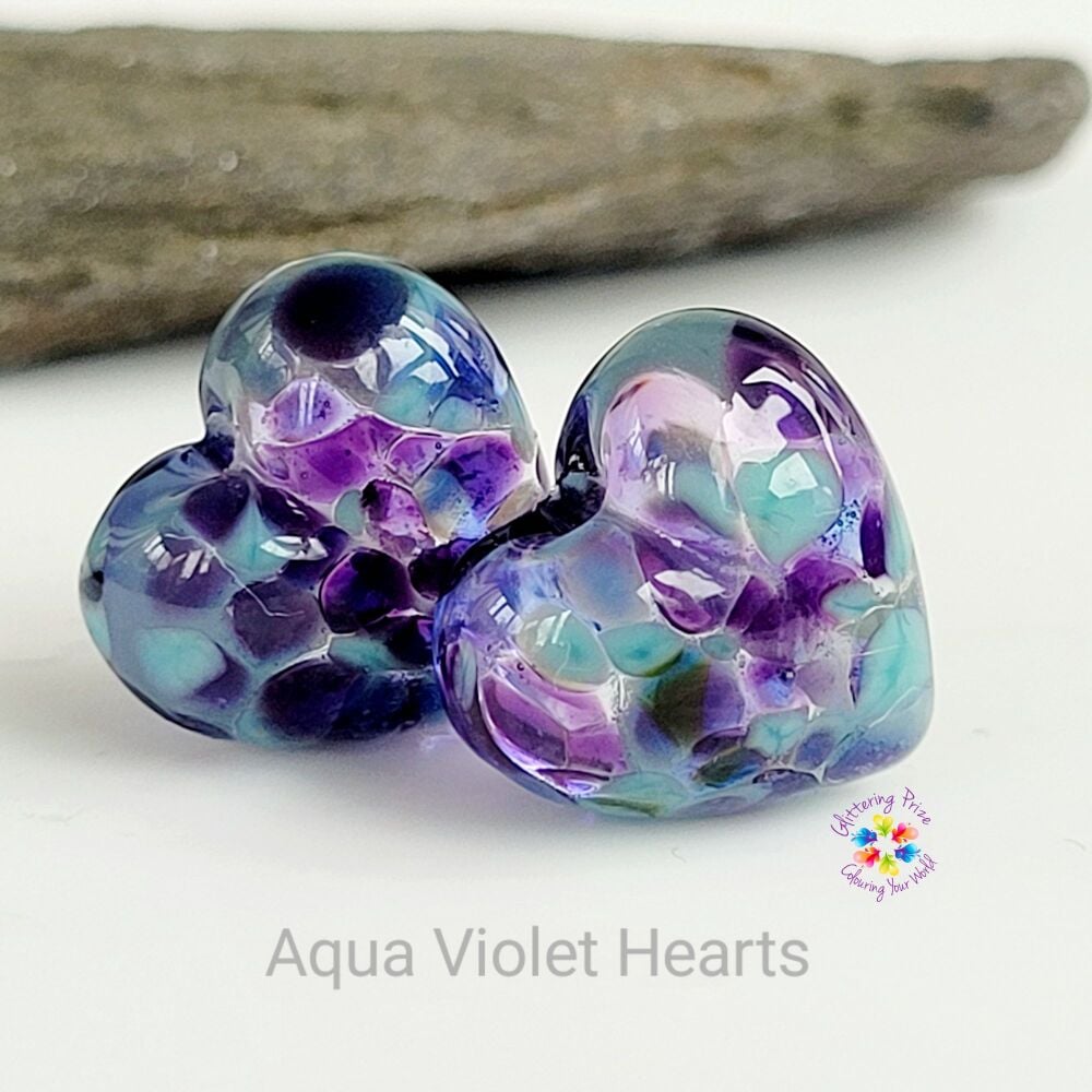 Aqua Violet Hearts Lampwork Bead Pair