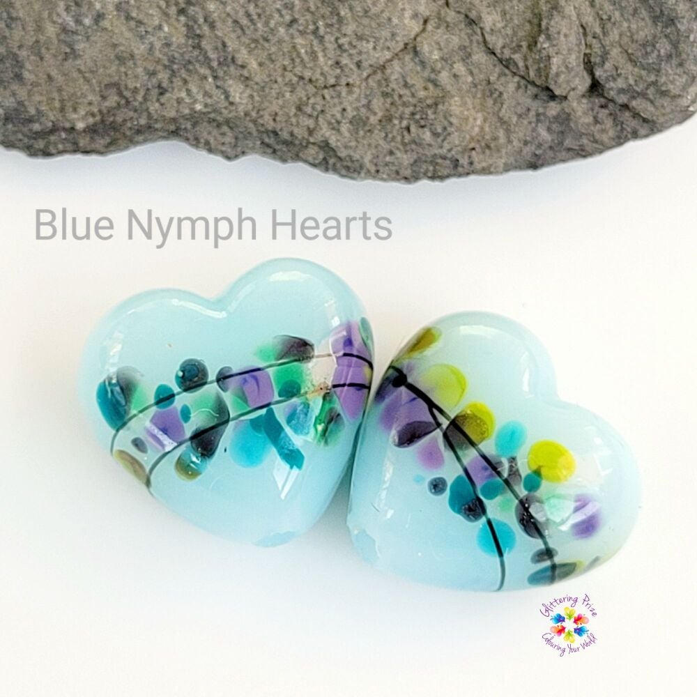 Blue Nymph Heart Glass Lampwork Bead Pair