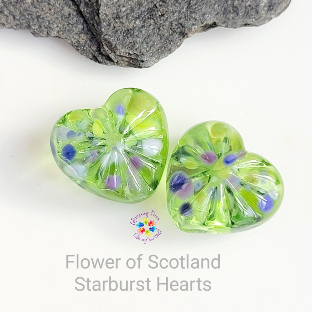 Flower of Scotland Starburst Hearts Lampwork Bead Pair