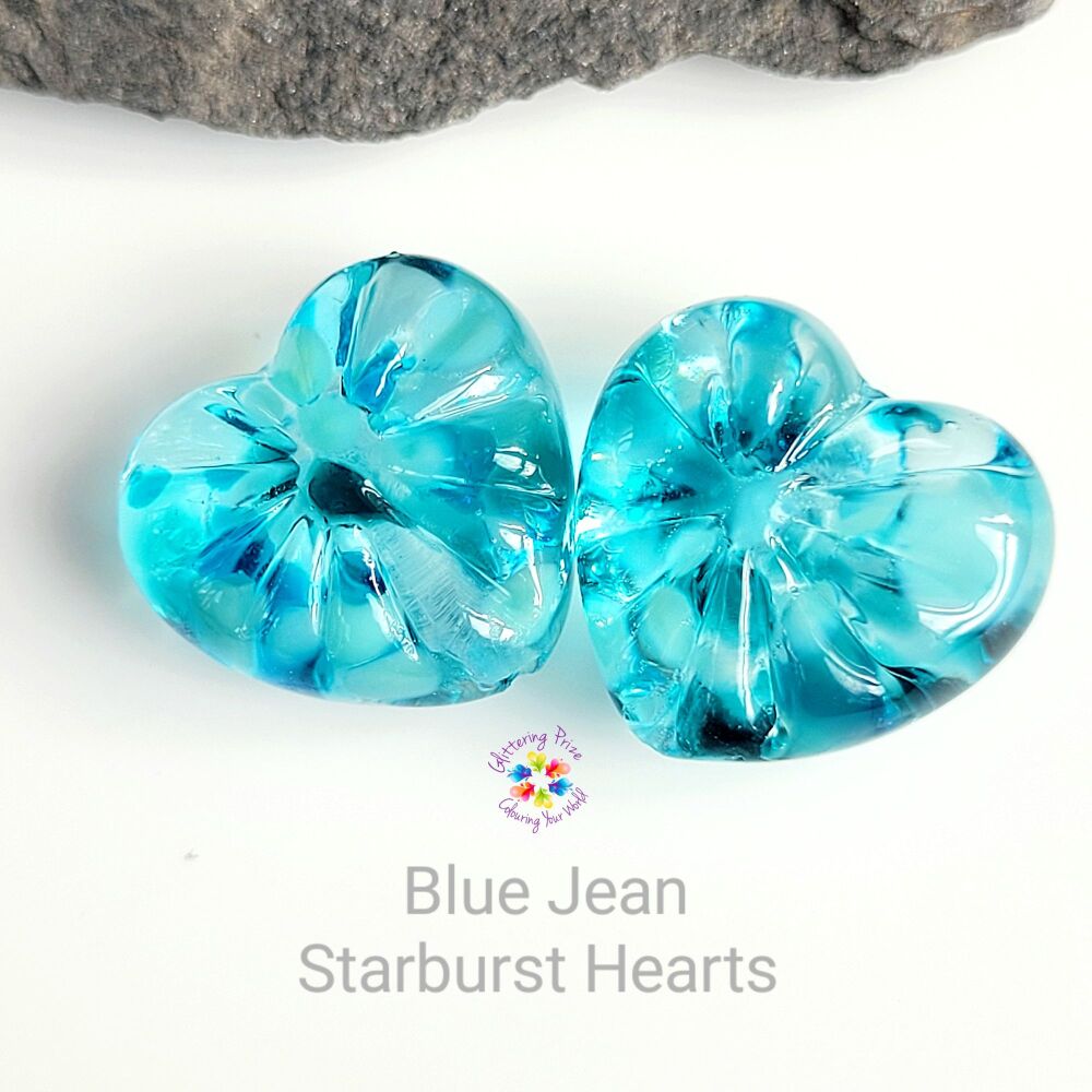 Blue Jean Starburst Hearts Lampwork Bead Pair