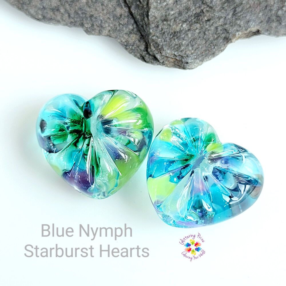 Blue Nymph Starburst Hearts Lampwork Bead Pair