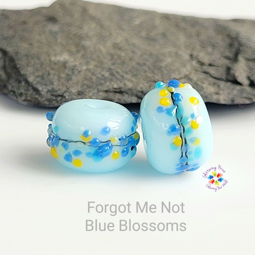 Opal Blue Forget Me Not Blossom Lampwork Bead Pair