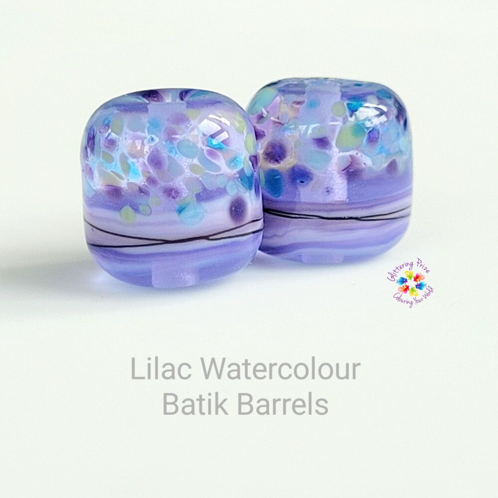 Lilac Watercolour Batik Barrel Lampwork Bead Pair