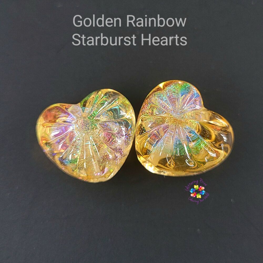 Golden Rainbow Dichroic Starburst Heart Beads – Handmade Lampwork Pair for Jewelry Making
