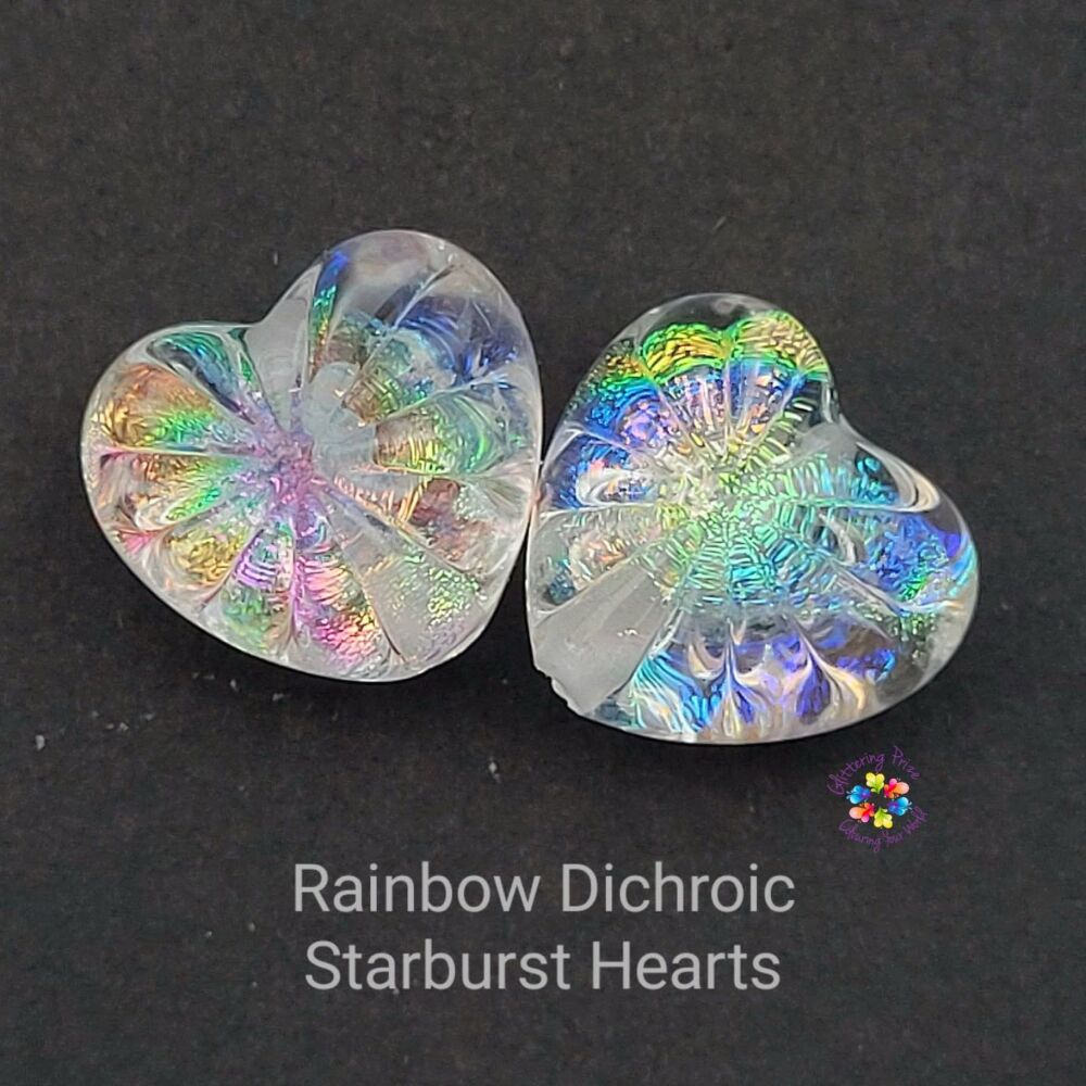 Clear Rainbow Dichroic Starburst Heart Beads – Handmade Lampwork Pair for Jewelry Making