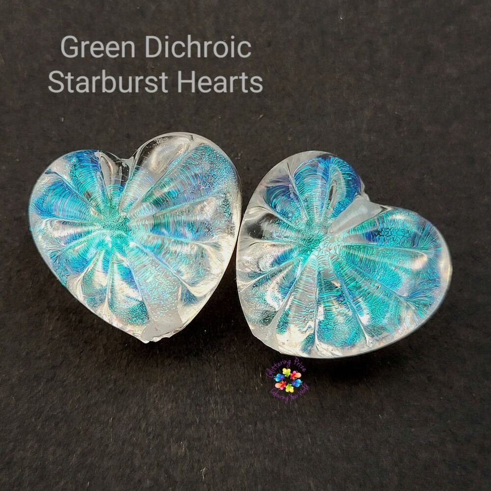 Green Dichroic Starburst Heart Beads – Handmade Lampwork Pair for Jewelry Making