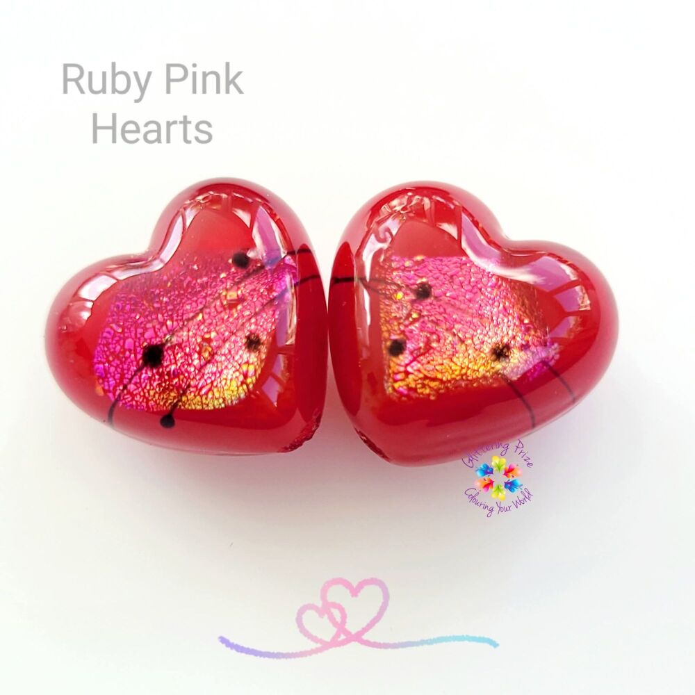 Ruby Pink Dichroic Heart Beads – Handmade Lampwork Pair for Jewelry Making