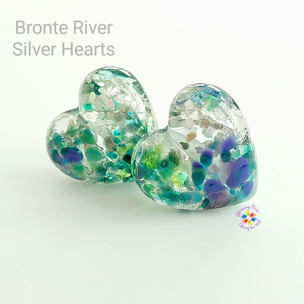 Bronte River Glitter Heart Bead Pair, Lampwork Beads