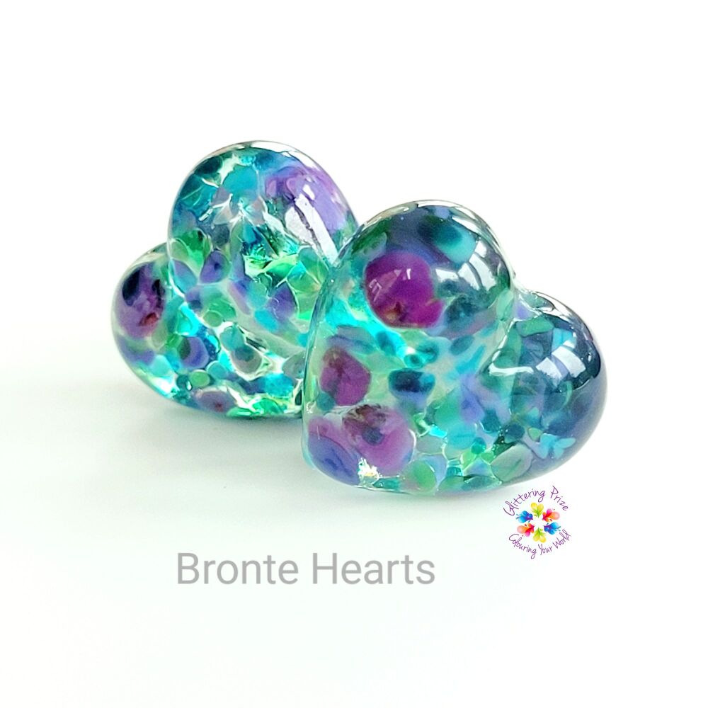 Bronte Heart Bead Pair, Purple & Green Lampwork Beads