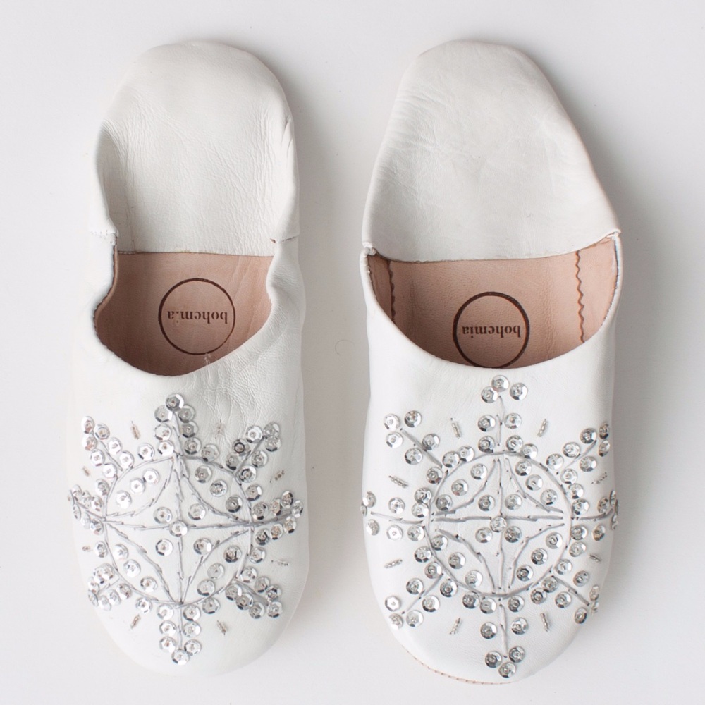 Babouche Sequin Slippers White & Silver