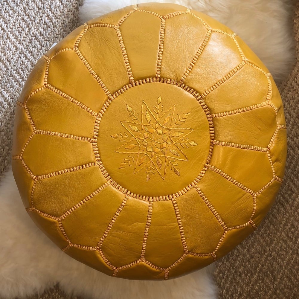 Moroccan Leather Pouffe Mustaed