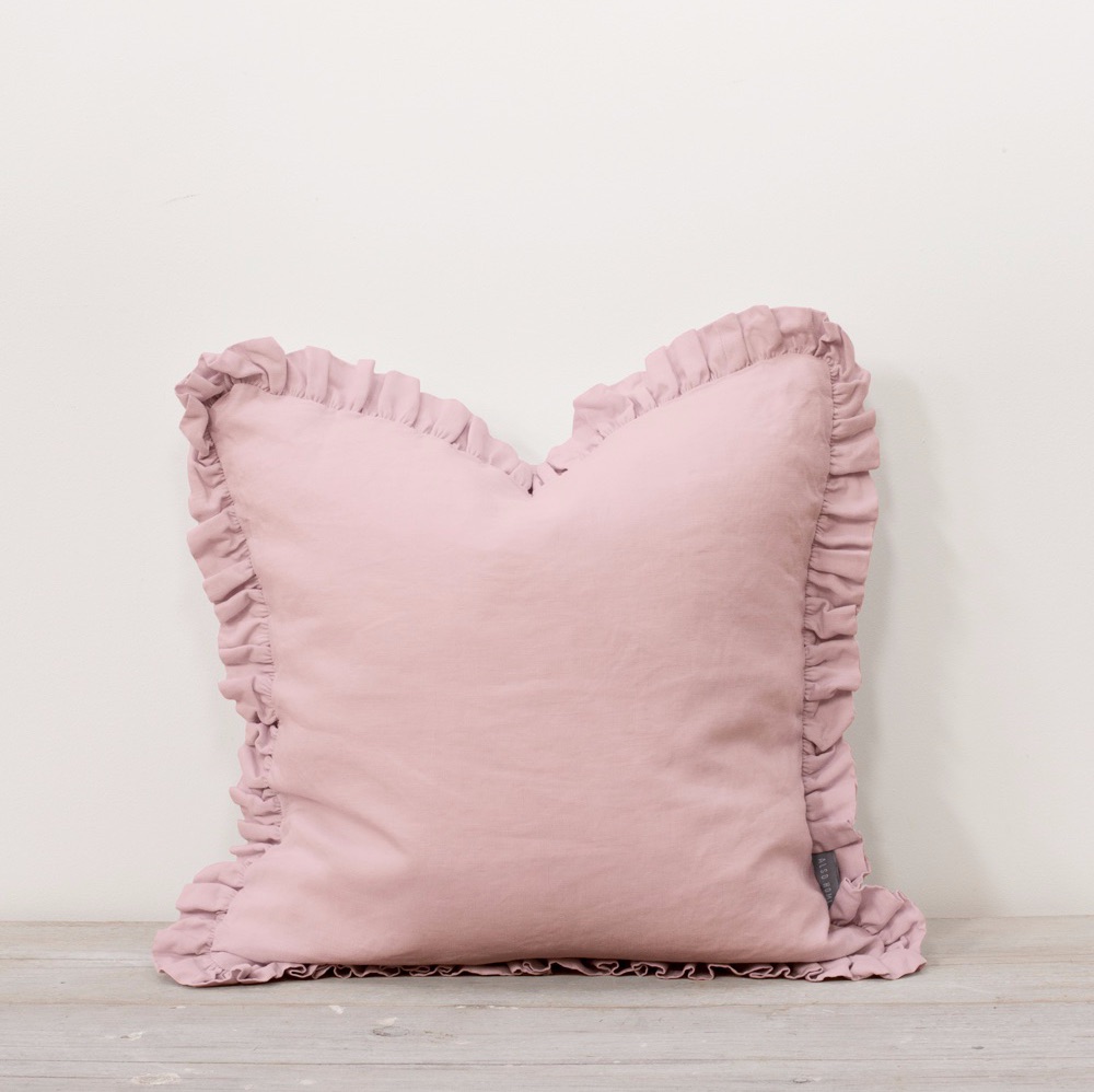 Ruffle Edge Linen Cushion Blush