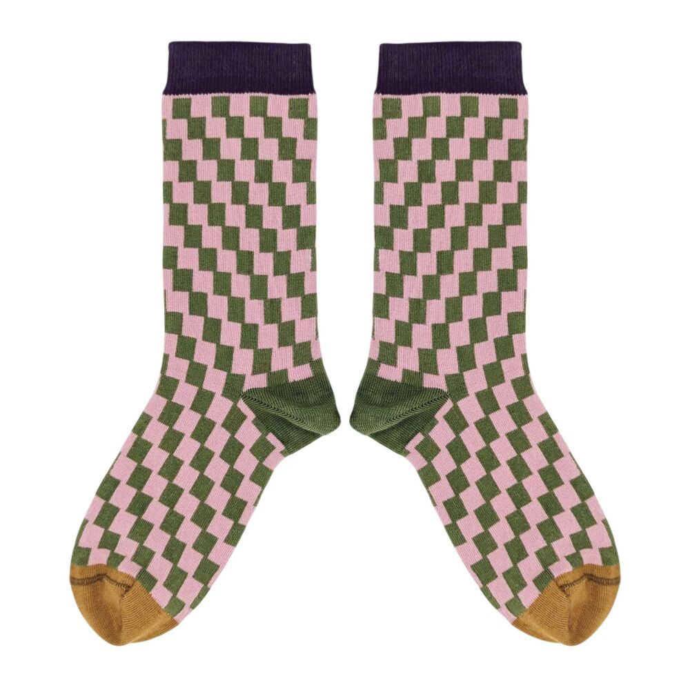 COTTON SOCKS (Size 4-7) KHAKI / PINK MINI CHECK